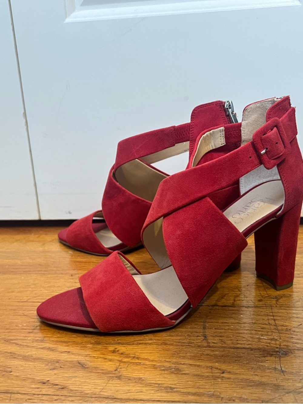 Franco Sarto Red Suede Cross-Strap Block Heel Sandals